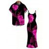 Vacation Couple Outfit Watercolor Hot Pink Floral Print Spaghetti Strap Maxi Bodycon Dress and Shirt Set - Noir S | US 4