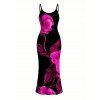 Vacation Couple Outfit Watercolor Hot Pink Floral Print Spaghetti Strap Maxi Bodycon Dress and Shirt Set - Noir S | US 4