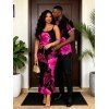 Vacation Couple Outfit Watercolor Hot Pink Floral Print Spaghetti Strap Maxi Bodycon Dress and Shirt Set - Noir S | US 4