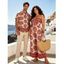 Bohemian Vacation Couple Outfit Ethnic Style Printed Tied Off the Shoulder Wide Leg Jumpsuit and Shirt Set - Rouge Cerise S | US 4