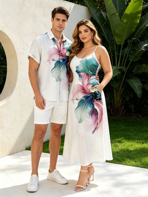 Vacation Couple Outfit Watercolor Floral Print With Gold Foil Accents Long Dress and Shirt Set - Blanc S | US 4