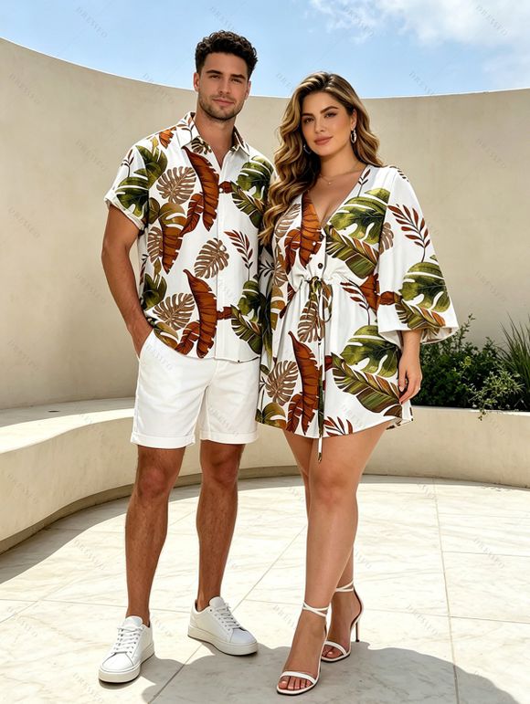 Vacation Couple Outfit for Beach Tropical Leaf Print Tied V Neck Dress and Shirt Set - Blanc S | US 4