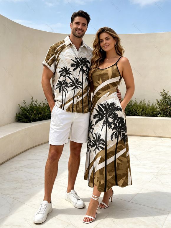 Vacation Couple Outfit Coconut Tree Pattern Colorblock Long Dress and Shirt Set - Brun S | US 4