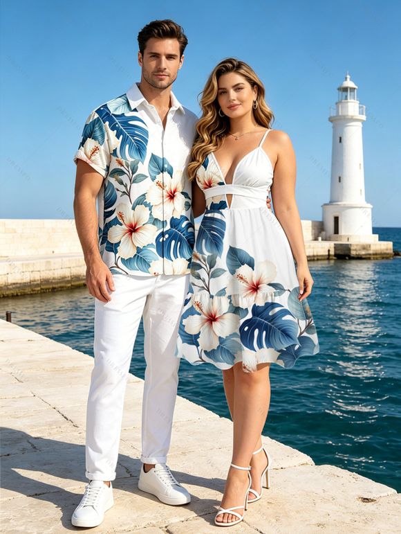 Hawaiian Vacation Couple Outfit Tropical Hibiscus Floral Monstera Leaf Print Cut Out Plunging Neck Dress and Shirt Set - Blanc S | US 4