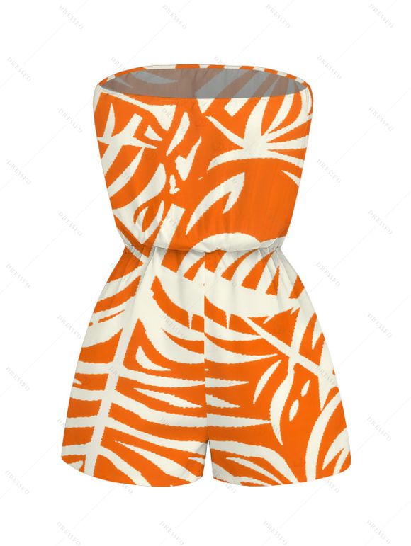 Vacation Hawaiian Romper Tropical Palm Leaf Print Pocket Off the Shoulder Romper - Orange XXL | US 14