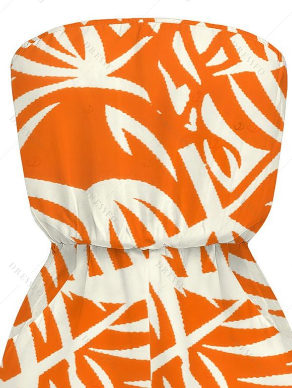 Vacation Hawaiian Romper Tropical Palm Leaf Print Pocket Off the Shoulder Romper - Orange XXL | US 14