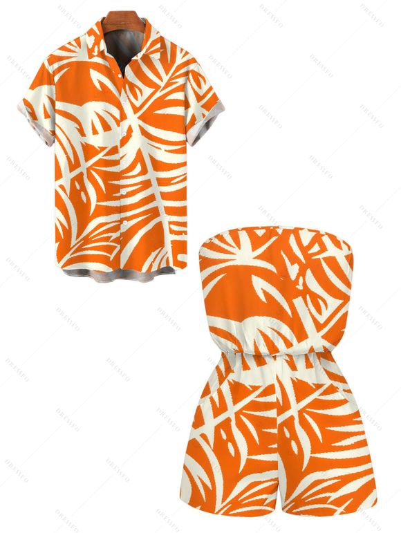 Vacation Hawaiian Couple Outfit Tropical Palm Leaf Print Pocket Off the Shoulder Romper and Shirt Set - Orange S | US 4
