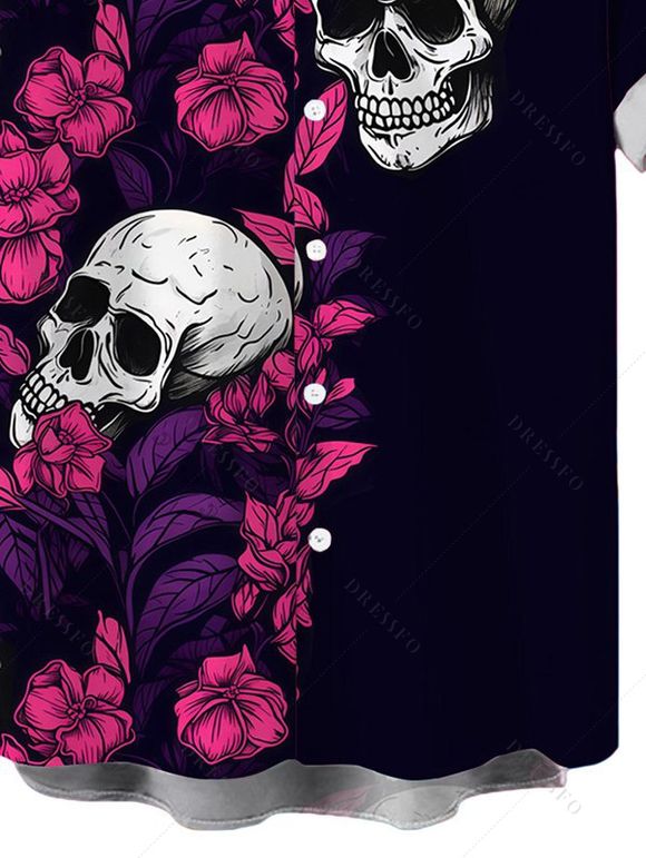 Men's Hawaiian Gothic Shirt Rose Floral Leaf Skulls Print Button Up Shirt - Noir 5XL