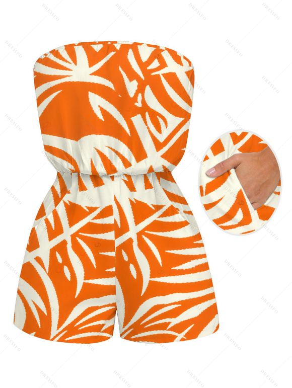 Vacation Hawaiian Couple Outfit Tropical Palm Leaf Print Pocket Off the Shoulder Romper and Shirt Set - Orange S | US 4