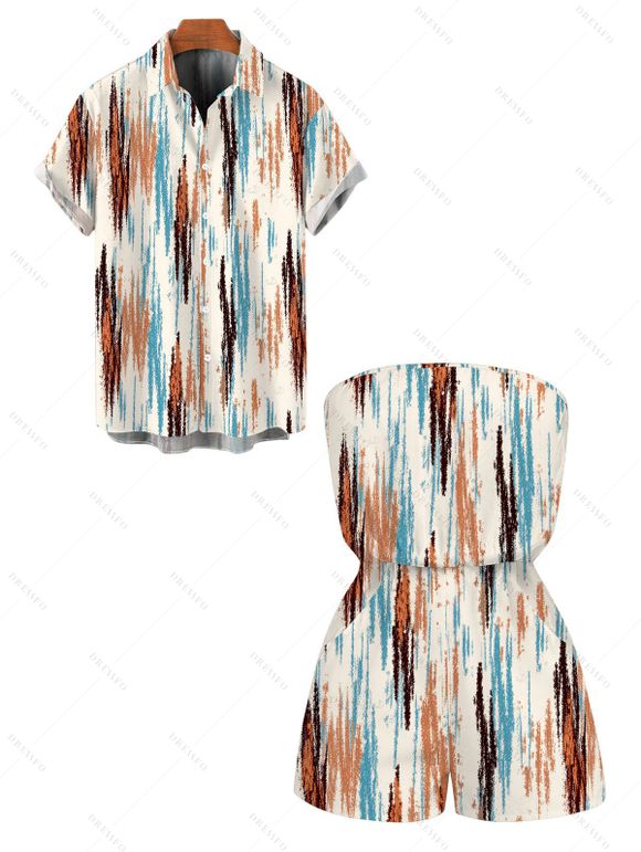 Casual Couple Outfit Vertical Brush Stroke Abstract Print Pocket Off the Shoulder Romper and Shirt Set - multicolor S | US 4