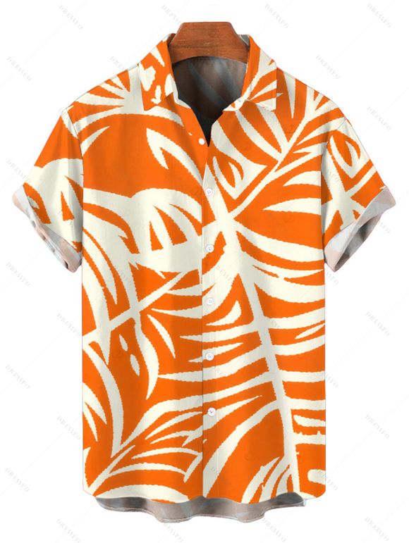 Vacation Hawaiian Couple Outfit Tropical Palm Leaf Print Pocket Off the Shoulder Romper and Shirt Set - Orange S | US 4