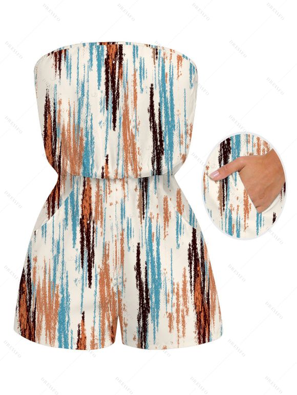 Casual Couple Outfit Vertical Brush Stroke Abstract Print Pocket Off the Shoulder Romper and Shirt Set - multicolor S | US 4