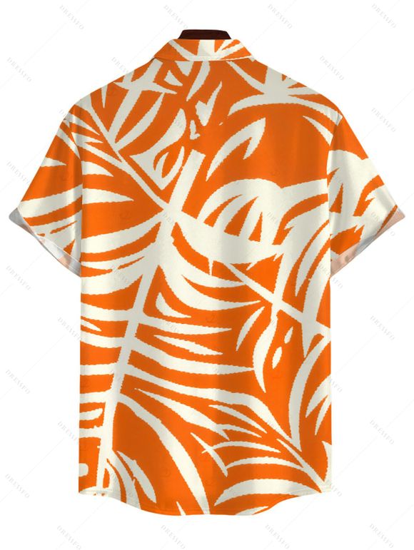 Vacation Hawaiian Couple Outfit Tropical Palm Leaf Print Pocket Off the Shoulder Romper and Shirt Set - Orange S | US 4