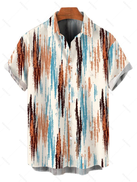 Casual Couple Outfit Vertical Brush Stroke Abstract Print Pocket Off the Shoulder Romper and Shirt Set - multicolor S | US 4