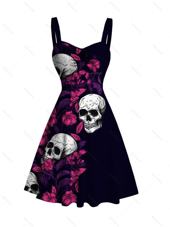 Hawaiian Gothic Couple Outfit Rose Floral Leaf Skulls Print Ruched Bust Mini Dress and Shirt Set - Noir S | US 4