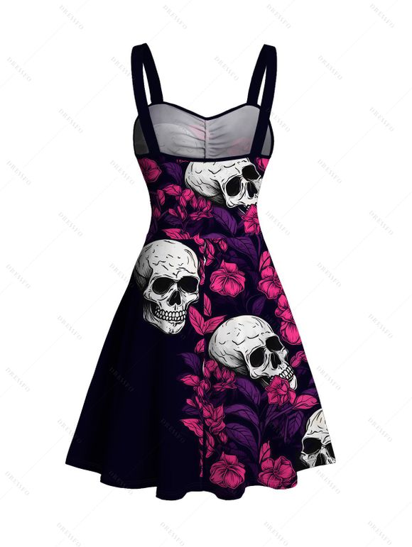 Hawaiian Gothic Couple Outfit Rose Floral Leaf Skulls Print Ruched Bust Mini Dress and Shirt Set - Noir S | US 4