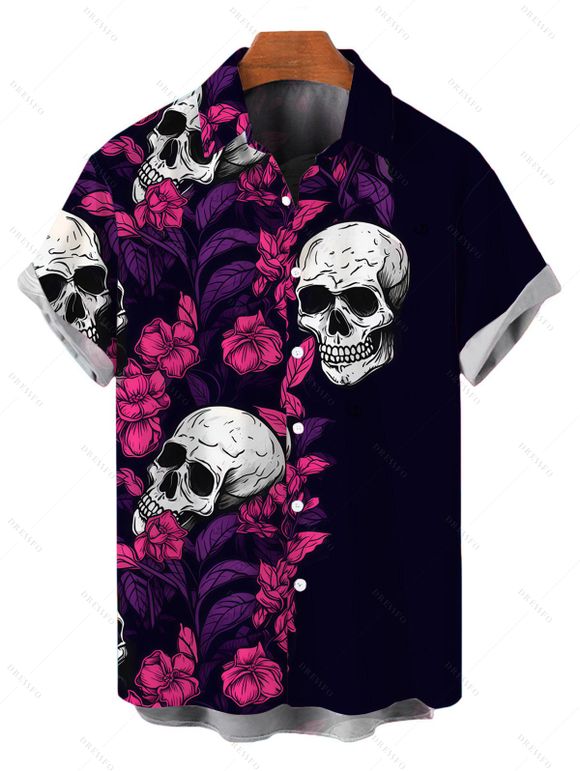 Hawaiian Gothic Couple Outfit Rose Floral Leaf Skulls Print Ruched Bust Mini Dress and Shirt Set - Noir S | US 4