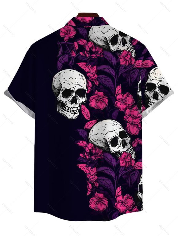 Hawaiian Gothic Couple Outfit Rose Floral Leaf Skulls Print Ruched Bust Mini Dress and Shirt Set - Noir S | US 4