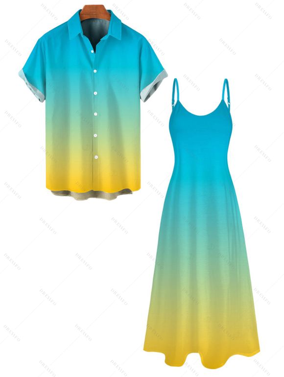 Vacation Beach Couple Outfit Ombre Print Pocket Spaghetti Strap Dress and Shirt Set - multicolor S | US 4