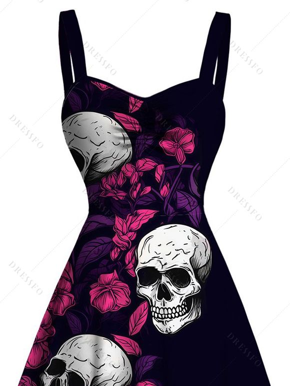 Hawaiian Gothic Dress Rose Floral Leaf Skulls Print Ruched Bust Mini Dress - Noir XXXXXL | US 20