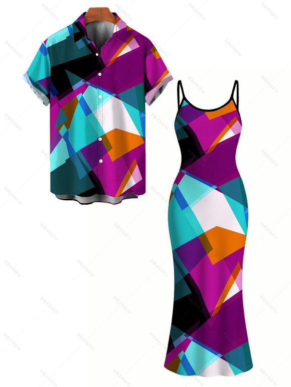 Vacation Couple Outfit Colorful Geometric Print Spaghetti Strap Bodycon Maxi Dress and Shirt Set - multicolor A S | US 4