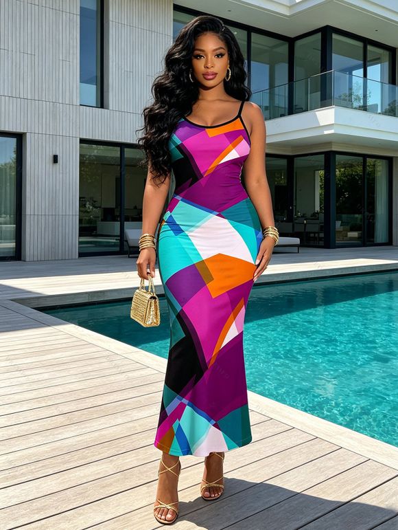 Vacation Dress Colorful Geometric Print Spaghetti Strap Bodycon Maxi Dress - multicolor A XXL | US 14