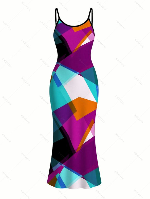 Vacation Couple Outfit Colorful Geometric Print Spaghetti Strap Bodycon Maxi Dress and Shirt Set - multicolor A S | US 4