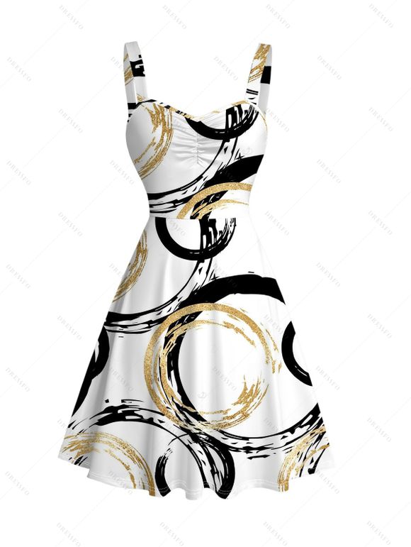 Casual Couple Outfit Bicolor Concentric Circle Print Ruched Bust Sweetheart Neck Mini Dress and Shirt Set - Blanc S | US 4