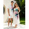 Vacation Couple Outfit Watercolor Floral Print With Gold Foil Accents Long Dress and Shirt Set - Blanc S | US 4