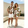 Vacation Couple Outfit for Beach Tropical Leaf Print Tied V Neck Dress and Shirt Set - Blanc S | US 4