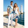 Hawaiian Vacation Couple Outfit Tropical Hibiscus Floral Monstera Leaf Print Cut Out Plunging Neck Dress and Shirt Set - Blanc S | US 4