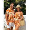 Vacation Hawaiian Couple Outfit Tropical Palm Leaf Print Pocket Off the Shoulder Romper and Shirt Set - Orange S | US 4