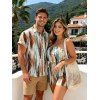 Casual Couple Outfit Vertical Brush Stroke Abstract Print Pocket Off the Shoulder Romper and Shirt Set - multicolor S | US 4