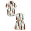 Casual Couple Outfit Vertical Brush Stroke Abstract Print Pocket Off the Shoulder Romper and Shirt Set - multicolor S | US 4