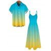 Vacation Beach Couple Outfit Ombre Print Pocket Spaghetti Strap Dress and Shirt Set - multicolor S | US 4