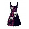 Hawaiian Gothic Dress Rose Floral Leaf Skulls Print Ruched Bust Mini Dress - Noir XXXXXL | US 20