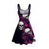 Hawaiian Gothic Dress Rose Floral Leaf Skulls Print Ruched Bust Mini Dress - Noir XXXXXL | US 20