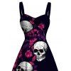 Hawaiian Gothic Dress Rose Floral Leaf Skulls Print Ruched Bust Mini Dress - Noir XXXXXL | US 20