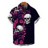 Hawaiian Gothic Couple Outfit Rose Floral Leaf Skulls Print Ruched Bust Mini Dress and Shirt Set - Noir S | US 4