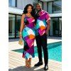 Vacation Couple Outfit Colorful Geometric Print Spaghetti Strap Bodycon Maxi Dress and Shirt Set - multicolor A S | US 4