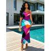 Vacation Couple Outfit Colorful Geometric Print Spaghetti Strap Bodycon Maxi Dress and Shirt Set - multicolor A S | US 4