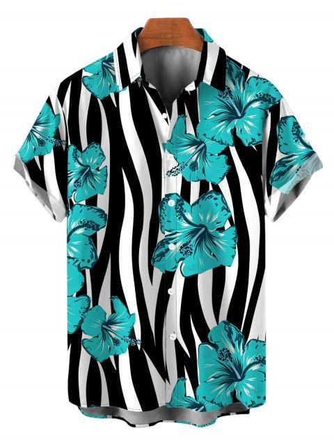 Men's Hawaiian Vacation Shirt Tropical Hibiscus Floral Zebra Print Button Up Shirt