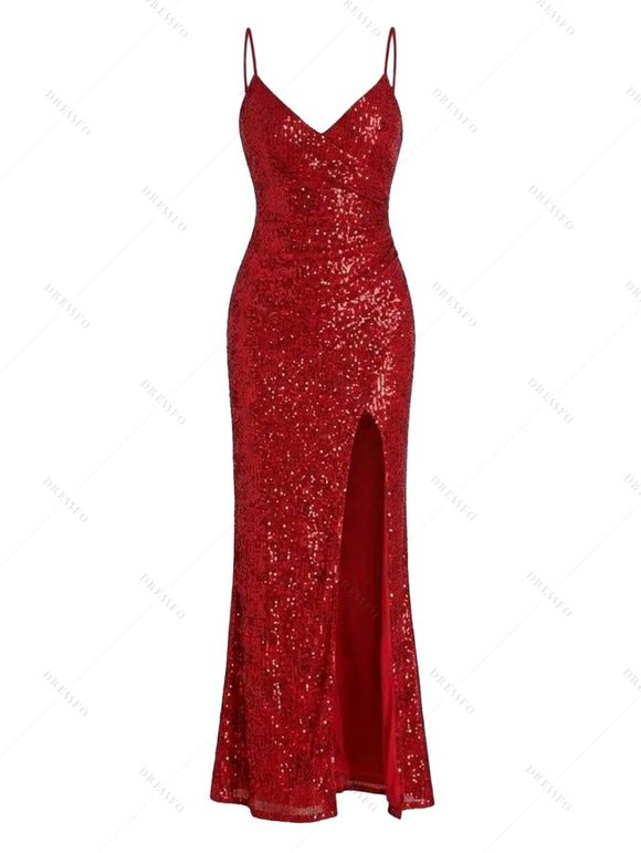Party Dress Sequined Solid Color Slit Spaghetti Strap Prom Dress - Rouge XXL | US 14