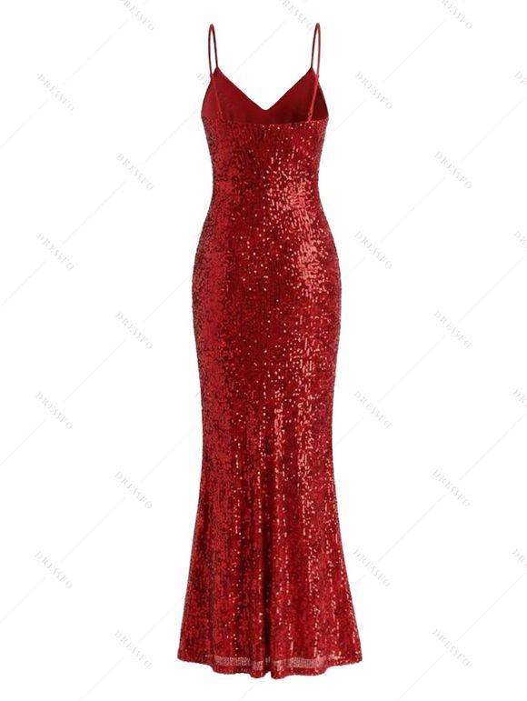 Party Dress Sequined Solid Color Slit Spaghetti Strap Prom Dress - Rouge XXL | US 14