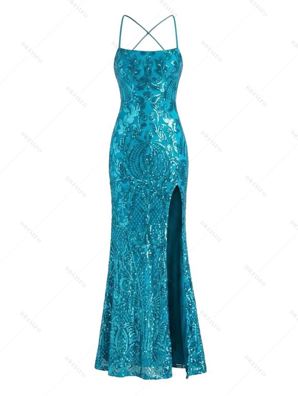 Party Dress Sequined Lace Up Back High Slit Bodycon Elegant Dress - Pers S | US 4