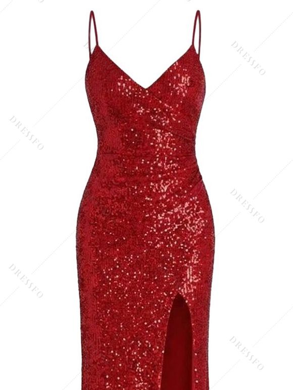 Party Dress Sequined Solid Color Slit Spaghetti Strap Prom Dress - Rouge XXL | US 14