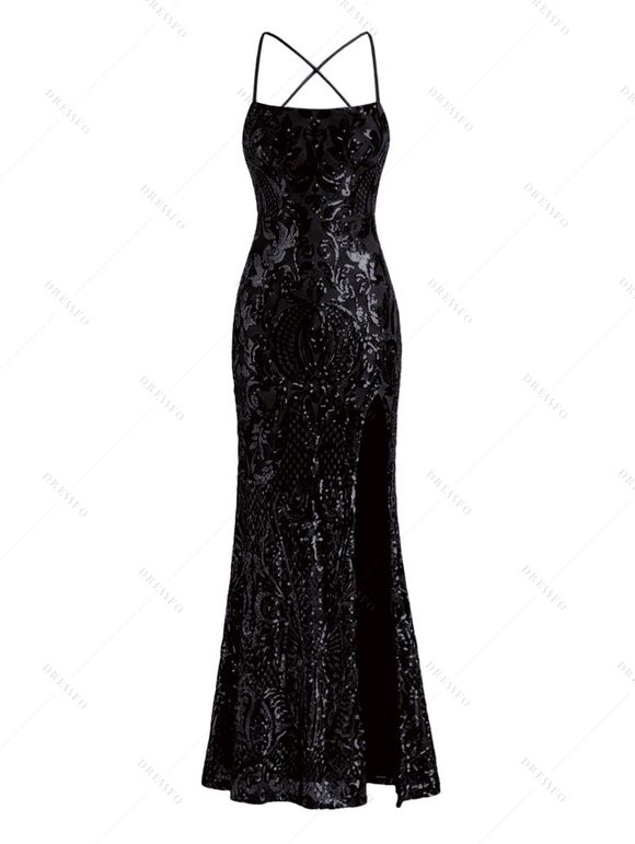 Party Dress Sequined Lace Up Back High Slit Bodycon Elegant Dress - Noir XXL | US 14