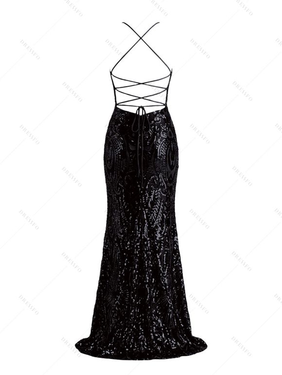 Party Dress Sequined Lace Up Back High Slit Bodycon Elegant Dress - Noir XXL | US 14