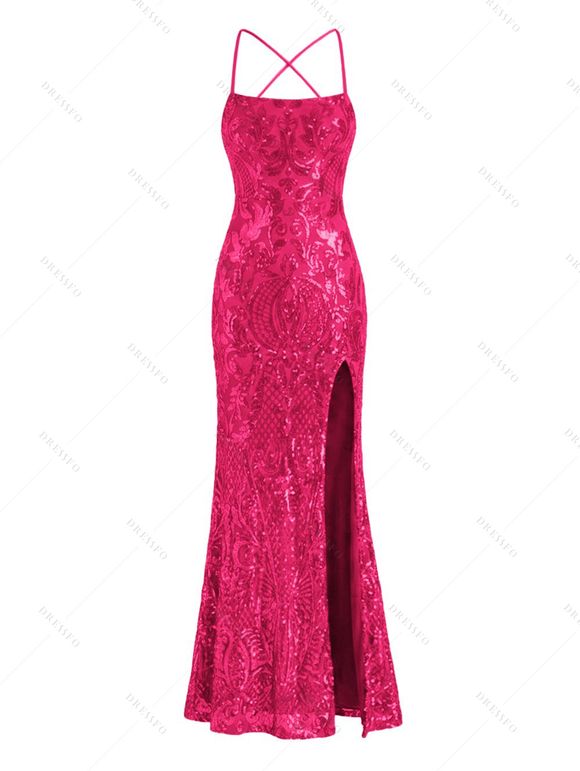 Party Dress Sequined Lace Up Back High Slit Bodycon Elegant Dress - Rouge Rose XXL | US 14