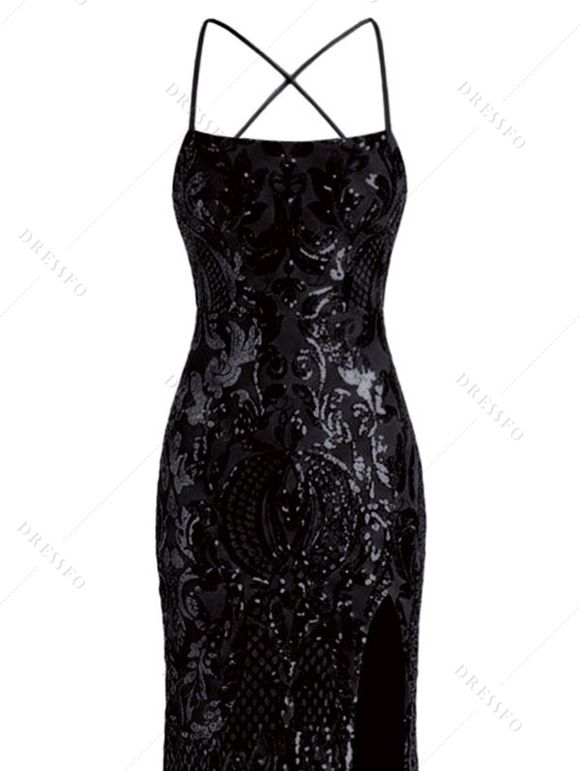 Party Dress Sequined Lace Up Back High Slit Bodycon Elegant Dress - Noir XXL | US 14